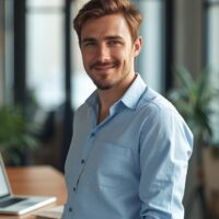 Smiling man standing in modern office.