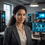 Businesswoman in office with computers and servers.