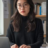 Person working at desk with laptop and books