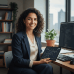 Woman in office with tablet and computer