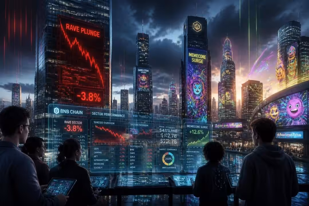 bnb chain update: the sector experiences a 3.8% drop driven by a sharp decline in rave and a significant surge in memecore, highlighting volatile market movements.
