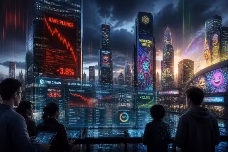 bnb chain update: the sector experiences a 3.8% drop driven by a sharp decline in rave and a significant surge in memecore, highlighting volatile market movements.