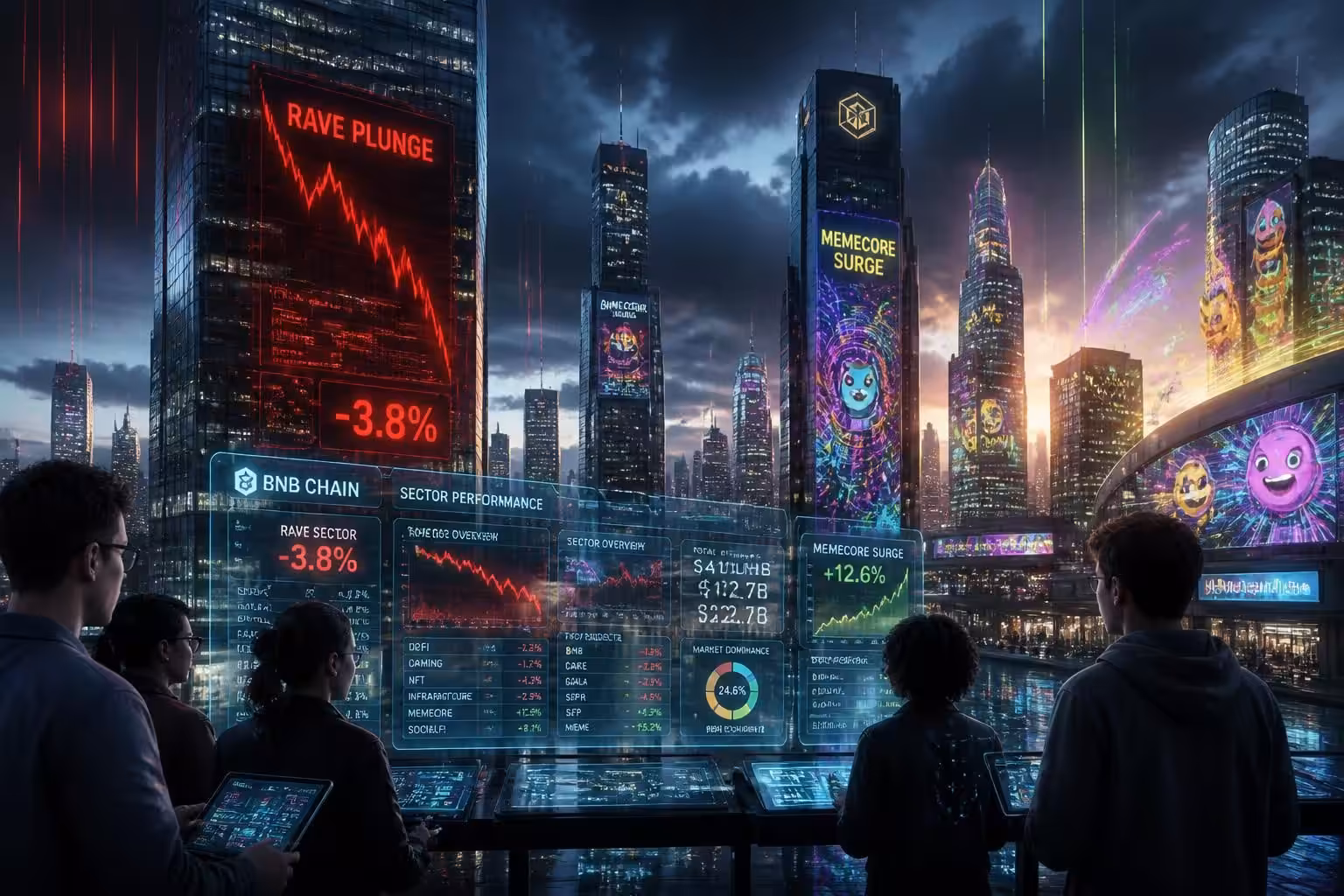 bnb chain update: the sector experiences a 3.8% drop driven by a sharp decline in rave and a significant surge in memecore, highlighting volatile market movements.
